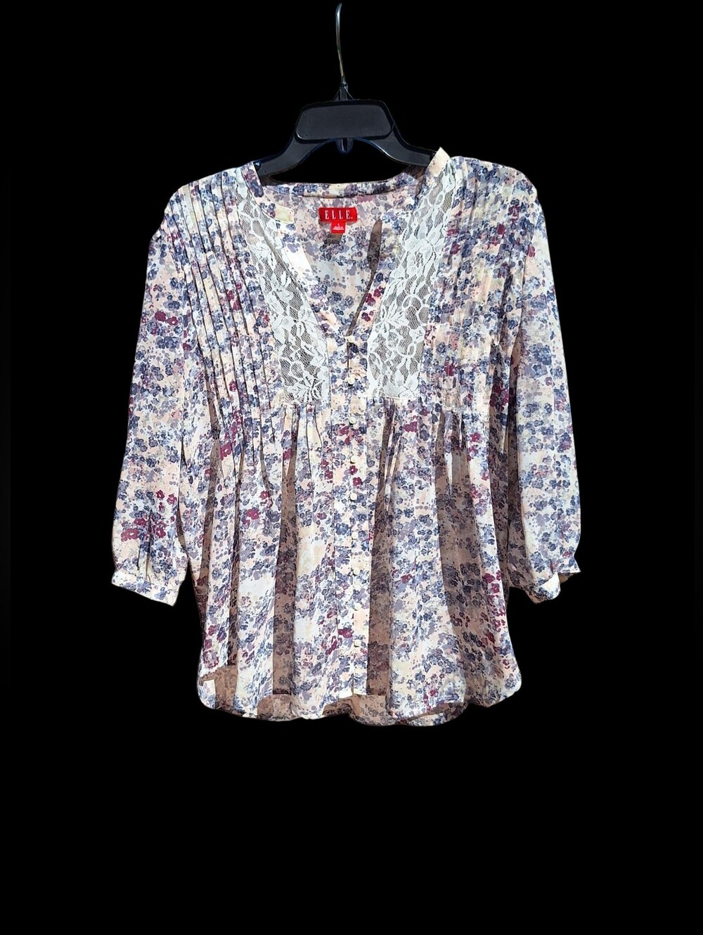 Elle Floral Garden Peasant Blouse Babydoll Lace Flowy 3/4 Sleeve Boho Womens L